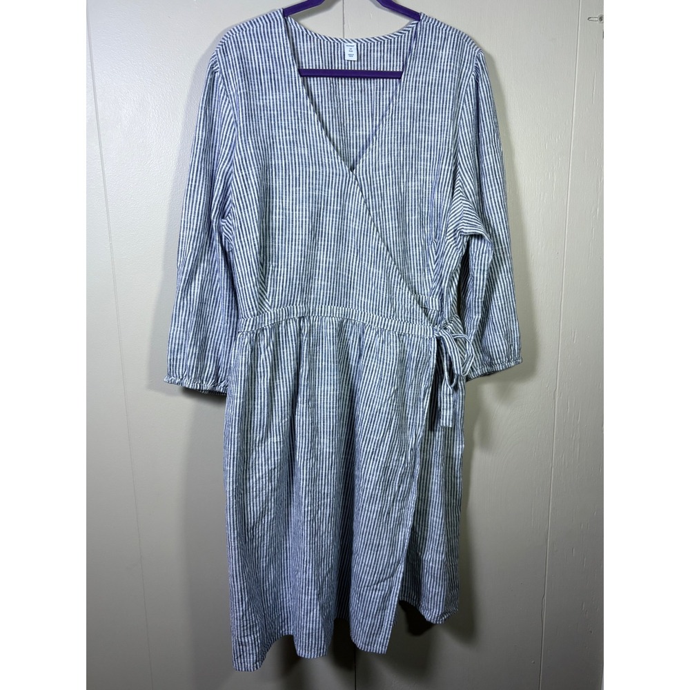 Old Navy 2X Plus Blue White Striped Cotton Wrap Midi Dress Coastal Resort